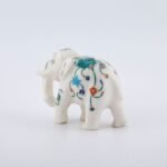 Handcrafted White Marble Elephant Showpiece with Semi-Precious Stone Inlay - Luxury Pietra Dura Décor Artifact - Image 2