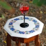 Handcrafted Marble Inlay Table Top with Blue Elephant Border | Semi-Precious Stone Pietra Dura Octagonal Side Table - Image 2