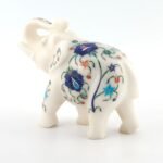 Handcrafted White Marble Elephant with Semi-Precious Stone Inlay | Lucky Uplifted Trunk Marble Home Décor Showpiece - Image 2