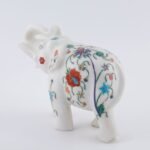 Handcrafted White Marble Elephant with Semi-Precious Stone Inlay | Lucky Uplifted Trunk Marble Home Décor Showpiece - Image 2