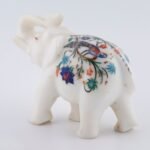 Handcrafted White Marble Elephant with Semi-Precious Stone Inlay | Lucky Uplifted Trunk Marble Home Décor Showpiece - Image 2