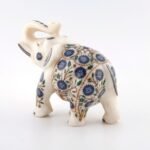 Handcrafted White Marble Elephant with Blue Semi-Precious Stone Inlay | Lucky Uplifted Trunk Luxury Home Décor Showpiece) - Image 2