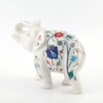 Handcrafted White Marble Elephant with Semi-Precious Stone Inlay | Lucky Uplifted Trunk Marble Home Décor Showpiece - Image 2