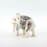 Handcrafted White Marble Elephant Figurine with Semi-Precious Stone Inlay | Luxury Pietra Dura Décor - Image 2