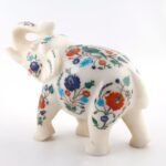 Handcrafted White Marble Elephant Figurine with Multi-Color Semi-Precious Stone Inlay | Traditional Floral Décor Showpiece - Image 2