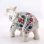 Handcrafted White Marble Elephant Figurine with Semi-Precious Stone Inlay | Luxury Pietra Dura Marble Art - Image 2