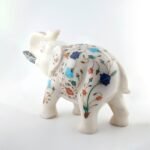 Handcrafted White Marble Elephant with Semi-Precious Stone Inlay Tusks | Luxury Pietra Dura Home Décor Sculpture - Image 2