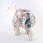 Handcrafted White Marble Elephant with Peacock Inlay | Semi-Precious Stone Pietra Dura Decorative Sculpture - Image 2