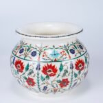 Handcrafted White Marble Flower Pot with Floral Pietra Dura Inlay | Semi-Precious Stone Marble Art Vase - Image 2