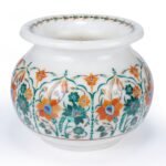 Handcrafted White Marble Floral Pot with Pietra Dura Inlay | Semi-Precious Stone Marble Planter from Agra - Image 2