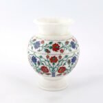Handcrafted White Marble Floral Inlay Vase | Pietra Dura Art with Semi-Precious Stones – Agra Marble Handicraft - Image 2