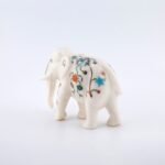 Handcrafted White Marble Elephant with Multi-Color Floral Semi-Precious Stone Inlay | Pietra Dura Miniature Décor Figurine - Image 2