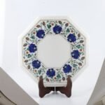 Handcrafted Marble Inlay Side Table with Blue Floral Semi-Precious Stone Work | Octagonal Pietra Dura Accent Table - Image 3