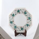 Handcrafted White Marble Octagonal Side Table with Green Floral Semi-Precious Stone Inlay | Premium Pietra Dura Accent Table - Image 3