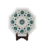 Handcrafted Octagonal Marble Inlay Side Table with Semi-Precious Stones | Pietra Dura Floral Design Stool - Image 3