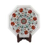 Handcrafted Octagonal Marble Inlay Table Top with Semi-Precious Stones | Floral Pietra Dura Design - Image 3