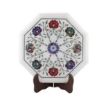 Handcrafted Octagonal Marble Inlay Table Top with Semi-Precious Stones | Star & Floral Pietra Dura Design - Image 3
