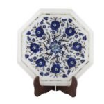 Handcrafted Octagonal Marble Inlay Table Top with Semi-Precious Stones | Blue Floral Pietra Dura Design - Image 3