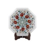 Handcrafted Octagonal Marble Inlay Table Top with Semi-Precious Stones | Red Floral Pietra Dura Design - Image 3