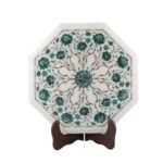 Handcrafted Octagonal Marble Inlay Table Top with Semi-Precious Stones | Green Floral Pietra Dura Design - Image 3