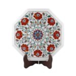 Handcrafted Octagonal Marble Inlay Table Top with Semi-Precious Stones | Red Floral Pietra Dura Design - Image 3