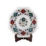 Handcrafted Octagonal Marble Inlay Table Top with Semi-Precious Stones | Floral Wreath Pietra Dura Design - Image 3