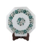 Handcrafted Octagonal Marble Inlay Table Top with Semi-Precious Stones | Aqua Floral Wreath Pietra Dura Design - Image 3