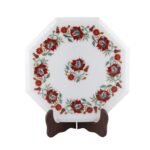 Handcrafted Octagonal Marble Inlay Table Top with Semi-Precious Stones | Red Floral Wreath Pietra Dura Design - Image 3