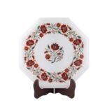 Handcrafted White Marble Inlay Table Top with Semi-Precious Stones | Octagonal Floral Pietra Dura Table - Image 3
