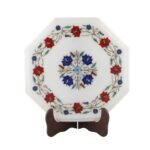 Handcrafted Octagonal White Marble Inlay Table Top with Semi-Precious Stones | Floral Pietra Dura Marble Table - Image 3