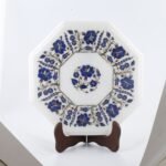Handcrafted Octagonal White Marble Inlay Table Top with Lapis Lazuli | Blue Floral Pietra Dura Marble Table - Image 3