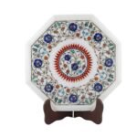 Handcrafted Octagonal White Marble Inlay Table Top with Semi-Precious Stones | Sunburst Floral Pietra Dura Marble Table - Image 3