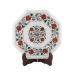 Handcrafted Octagonal White Marble Inlay Table Top with Semi-Precious Stones | Floral Pietra Dura Marble Table - Image 3