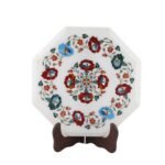 Handcrafted Marble Inlay Table Top with Semi-Precious Stones | Octagonal Floral Pietra Dura Design - Image 3