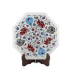 Handcrafted Marble Inlay Table Top with Elephant Motif | Semi-Precious Stone Pietra Dura Octagonal Table - Image 3