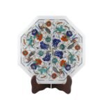 Handcrafted Marble Inlay Table Top with Peacock & Floral Design | Semi-Precious Stone Pietra Dura Octagonal Table - Image 3