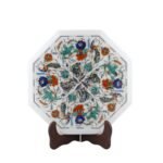 Handcrafted Marble Inlay Table Top with Peacock & Floral Motif | Semi-Precious Stone Pietra Dura Octagonal Side Table - Image 3