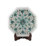Handcrafted Marble Inlay Table Top with Floral Design | Semi-Precious Stone Pietra Dura Octagonal Side Table - Image 3