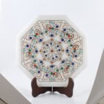 Handcrafted Marble Inlay Table Top with Floral Medallion Design | Semi-Precious Stone Pietra Dura Octagonal Side Table - Image 3