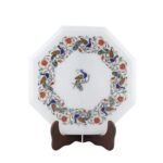 Handcrafted Marble Inlay Table Top with Peacock Bird Design | Semi-Precious Stone Pietra Dura Octagonal Side Table - Image 3