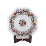 Handcrafted Marble Inlay Table Top with Peacock & Floral Border | Semi-Precious Stone Pietra Dura Octagonal Side Table - Image 3