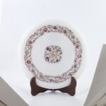 Handcrafted Round Marble Inlay Table Top with Floral Vine Design | Semi-Precious Stone Pietra Dura Side Table - Image 3