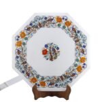 Handcrafted Marble Inlay Table Top with Peacock & Floral Pietra Dura Design | Semi-Precious Stone Octagonal Side Table - Image 3
