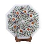 Luxury Handcrafted Marble Inlay Table Top with Peacock & Floral Pietra Dura Design | Semi-Precious Stone Octagonal Side Table - Image 3