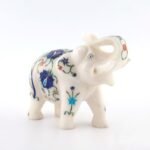 Handcrafted White Marble Elephant with Semi-Precious Stone Inlay | Lucky Uplifted Trunk Marble Home Décor Showpiece - Image 4