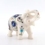 Handcrafted White Marble Elephant with Semi-Precious Stone Inlay | Lucky Uplifted Trunk Marble Home Décor Showpiece - Image 4
