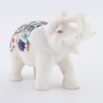 Handcrafted White Marble Elephant with Semi-Precious Stone Inlay | Lucky Uplifted Trunk Marble Home Décor Showpiece - Image 4