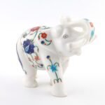 Handcrafted White Marble Elephant with Semi-Precious Stone Inlay | Lucky Uplifted Trunk Marble Home Décor Showpiece - Image 4