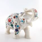 Handcrafted White Marble Elephant Figurine with Semi-Precious Stone Inlay | Luxury Pietra Dura Marble Art - Image 4