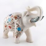 Handcrafted White Marble Elephant with Semi-Precious Stone Inlay Tusks | Luxury Pietra Dura Home Décor Sculpture - Image 4